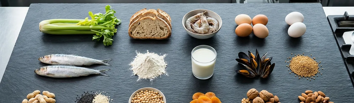 The 14 regulated UK food allergens laid out as a labelled grid — celery, gluten, crustaceans, eggs, fish, lupin, milk, molluscs, mustard, peanuts, sesame, soya, sulphites and tree nuts