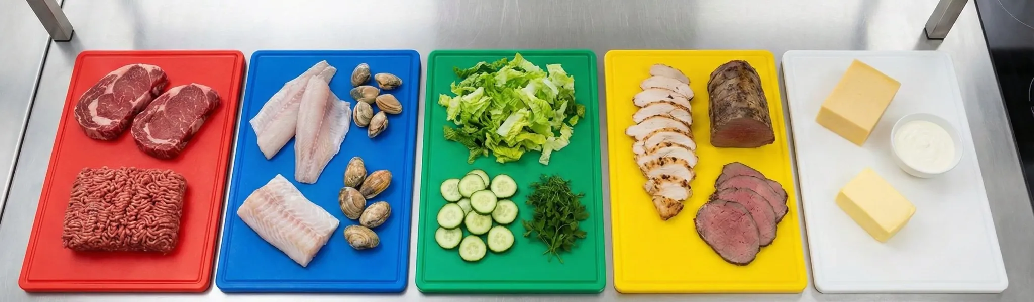 Chef using colour-coded chopping boards in a commercial kitchen to prevent cross-contamination