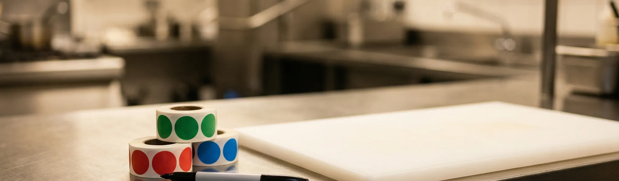 Commercial kitchen with date-labelled food containers stored correctly in a refrigerator