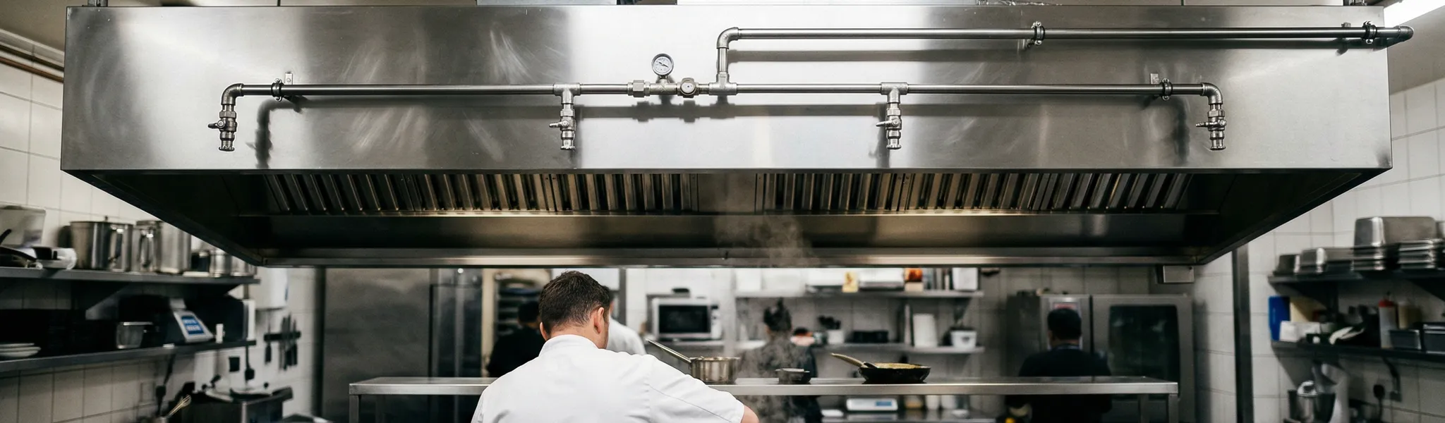 Commercial kitchen fire suppression system installed above a cooking range