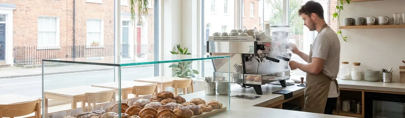 Barista behind the counter of a UK café with sandwiches and cakes in a chilled display cabinet