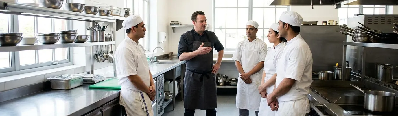 Food handler completing food hygiene training in a UK commercial kitchen