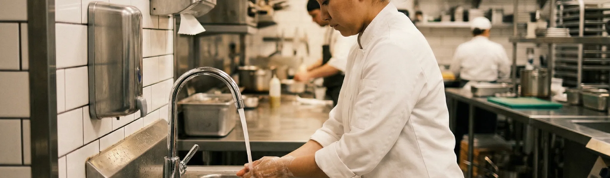Food handler washing hands at a dedicated handwash basin in a commercial kitchen