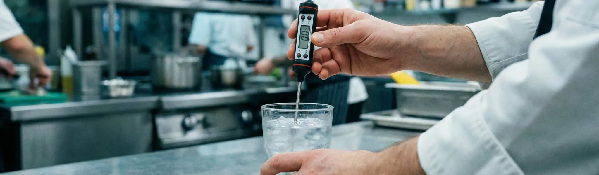 A probe thermometer being calibrated in a glass of ice water