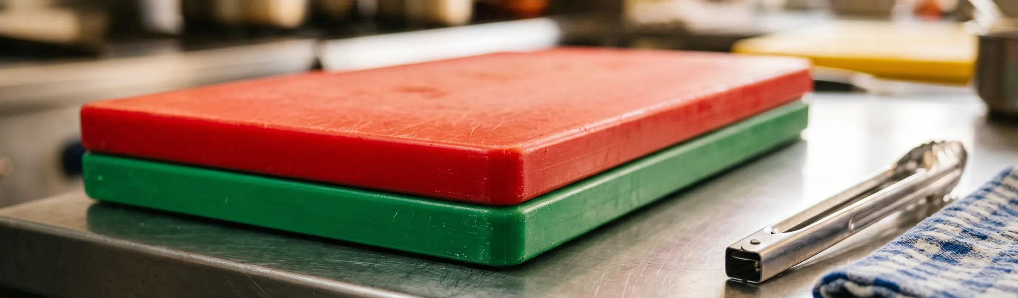 Colour-coded chopping boards in a UK commercial kitchen preventing cross contamination