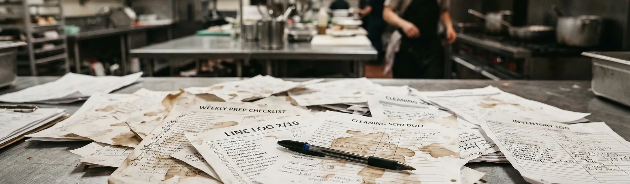 Messy paper checklists and forms scattered on a commercial kitchen counter — the number one reason businesses fail food hygiene inspections
