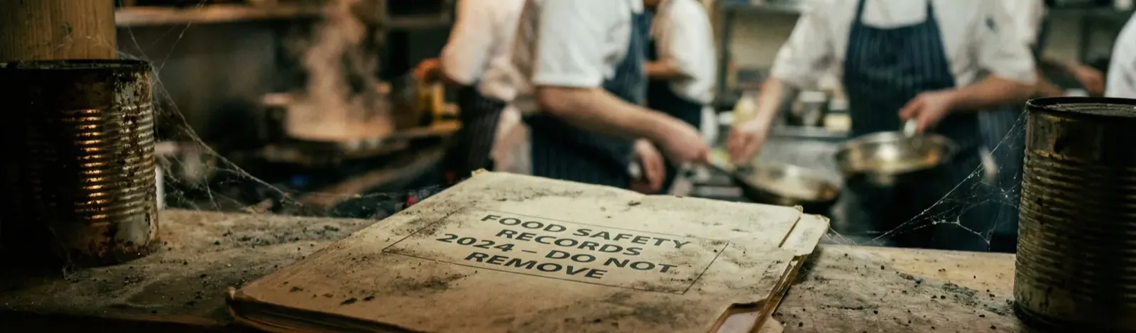 Empty SFBB diary and temperature logs on a restaurant kitchen shelf