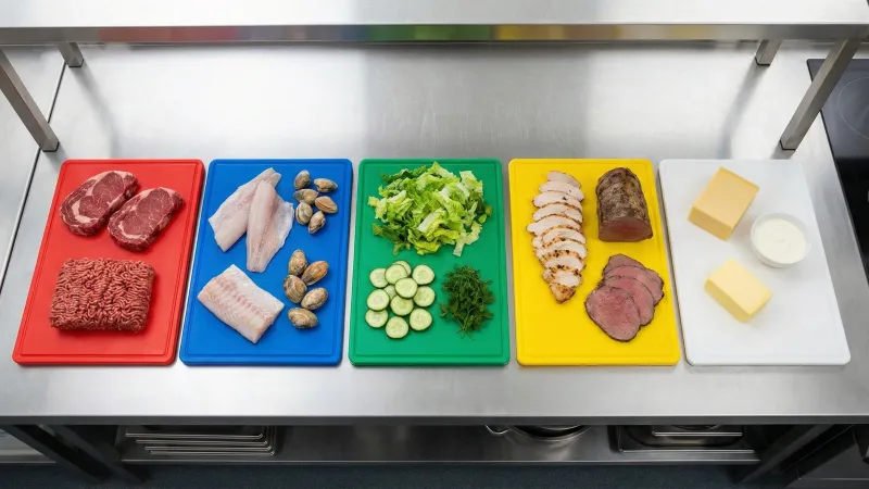 Chef using colour-coded chopping boards in a commercial kitchen to prevent cross-contamination