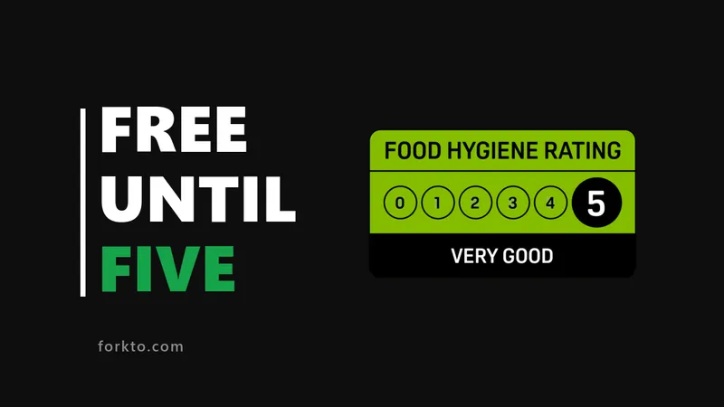 Free Until Five wordmark beside the official FHRS 5 rating badge on black — Forkto free until you are rated 5