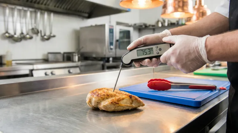 Kitchen manager conducting a hazard analysis walkthrough in a commercial kitchen