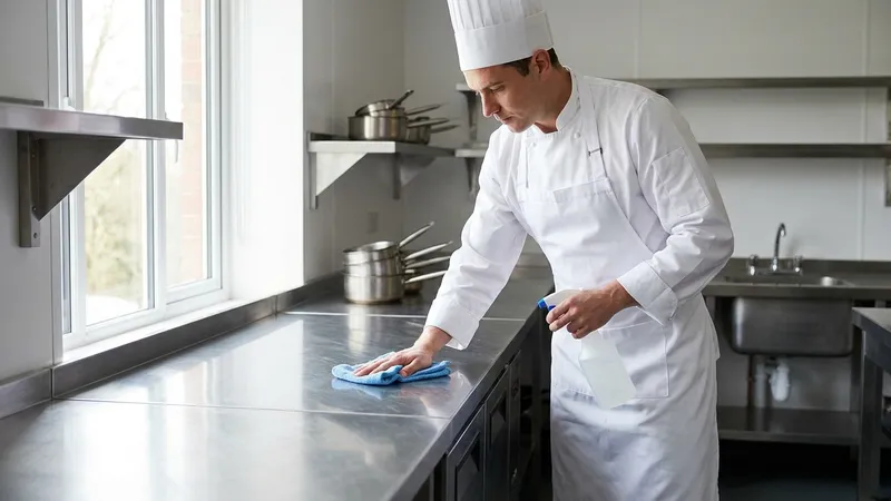 Chef cleaning and disinfecting a stainless steel work surface in a UK commercial kitchen