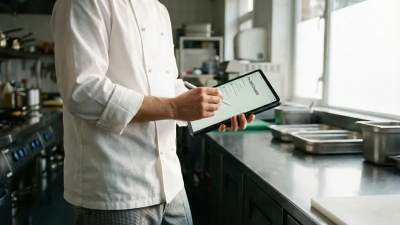 Chef completing opening checks on a digital tablet in a commercial kitchen at the start of service