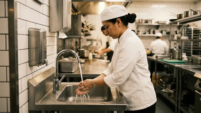 Food handler washing hands at a dedicated handwash basin in a commercial kitchen