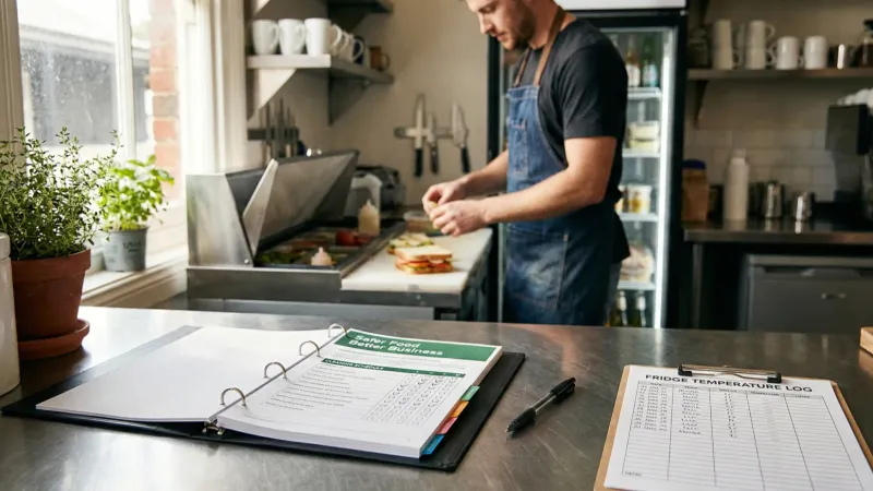 Restaurant owner filling in the Safer Food Better Business diary in a cafe kitchen