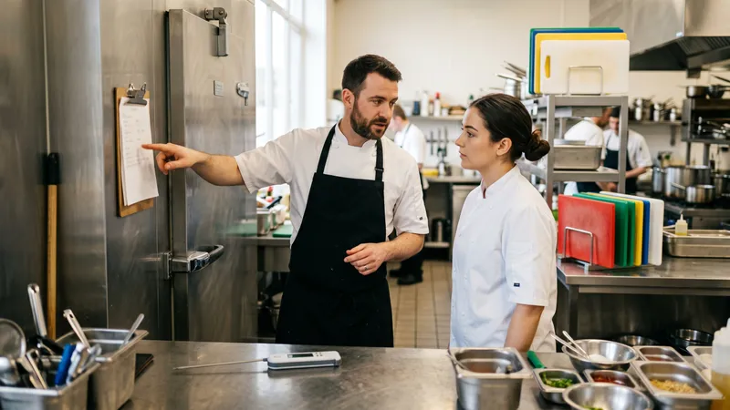 Chef reviewing HACCP food safety documentation in a commercial kitchen