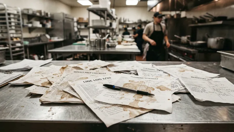 Messy paper checklists and forms scattered on a commercial kitchen counter — the number one reason businesses fail food hygiene inspections