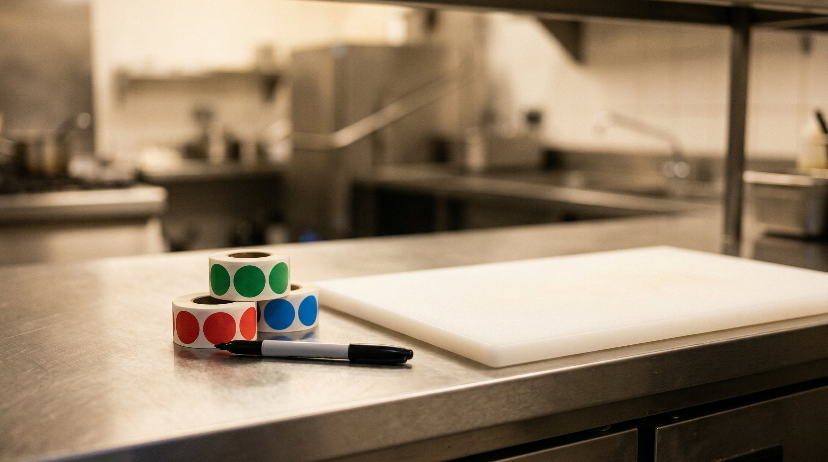 Commercial kitchen with date-labelled food containers stored correctly in a refrigerator