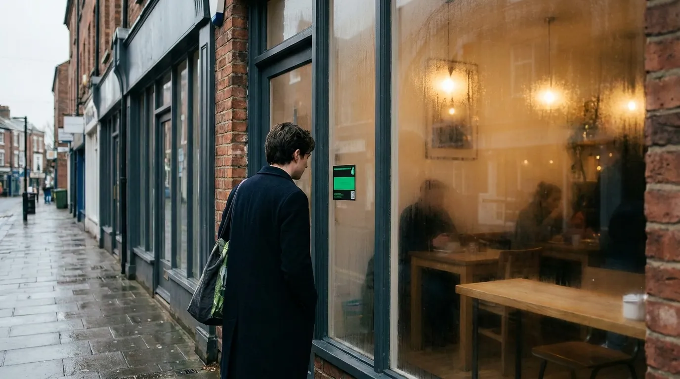 A customer looking at a food hygiene rating sticker in a café window before going in