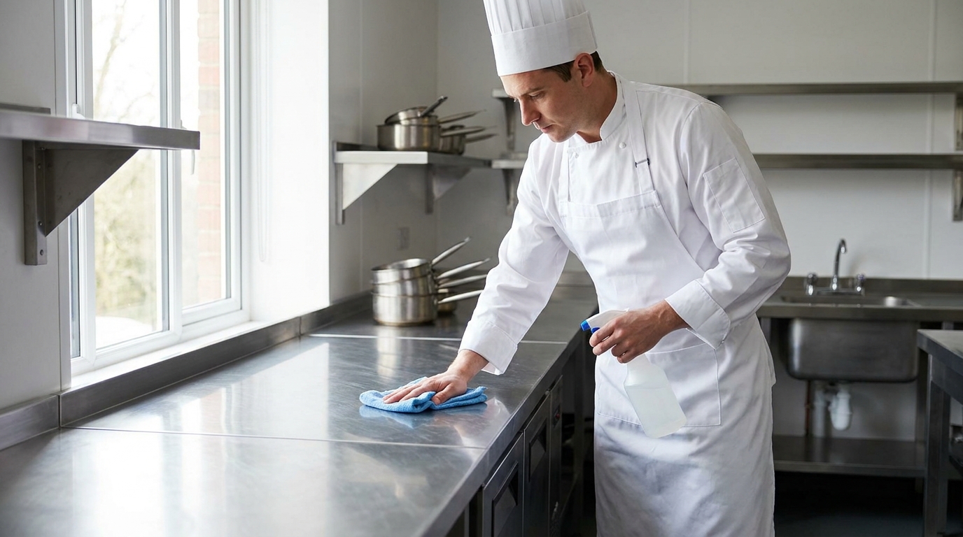 Chef cleaning and disinfecting a stainless steel work surface in a UK commercial kitchen