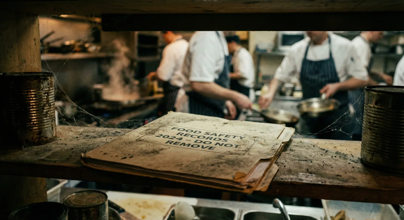 Empty SFBB diary and temperature logs on a restaurant kitchen shelf