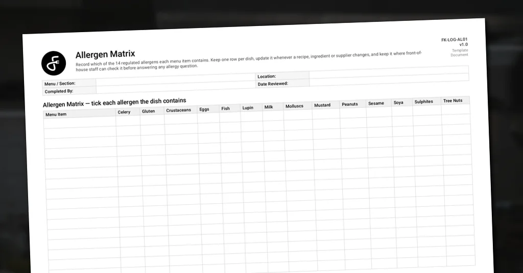 Preview of Allergen Matrix Template