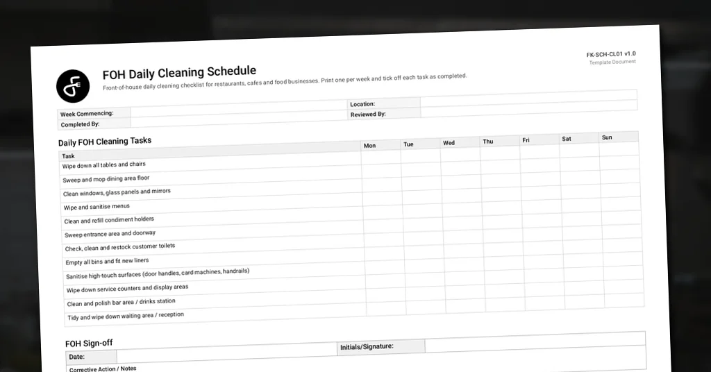 Preview of FOH Daily Cleaning Schedule