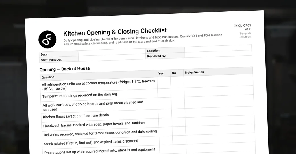 Preview of Kitchen Opening & Closing Checklist
