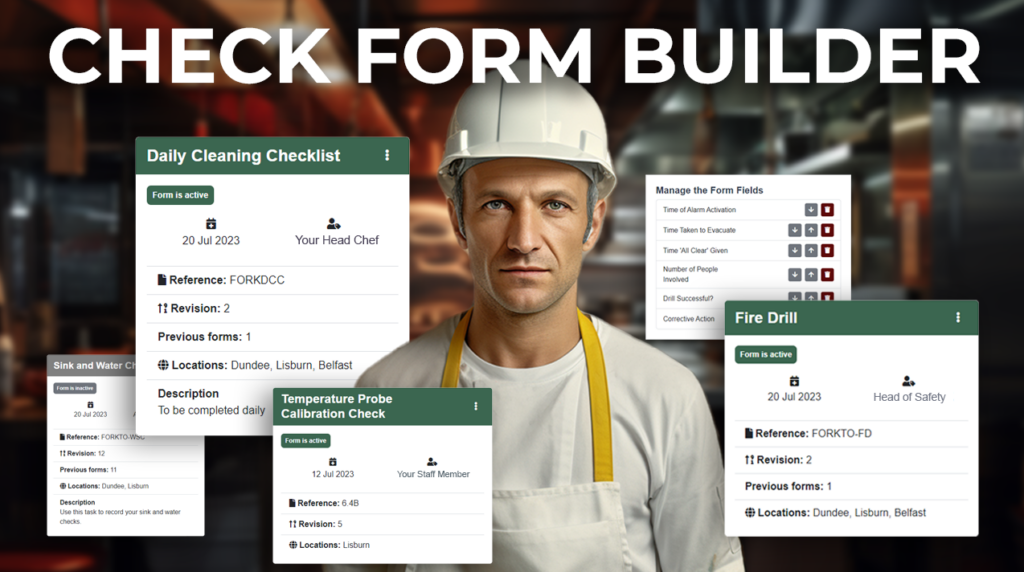 A picture of a chef wearing a hard hat with check forms flying around him