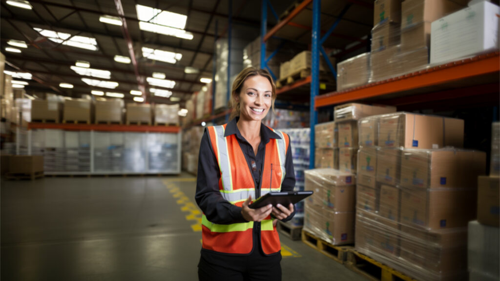 Woman in Warehouse using Forkto Food Safety app