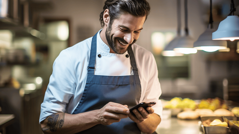 Photo of a chef looking down at the forkto food safety app on his phone.